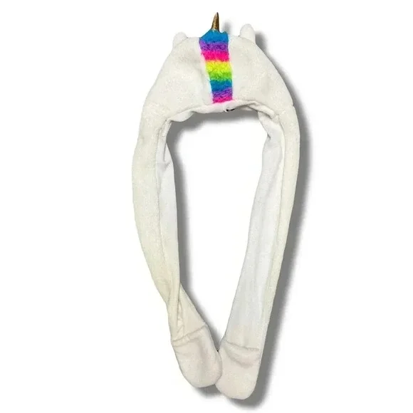 Unicorn Hooded Scarf with Hand Pouches White Unisex One Size - Picture 4 of 6